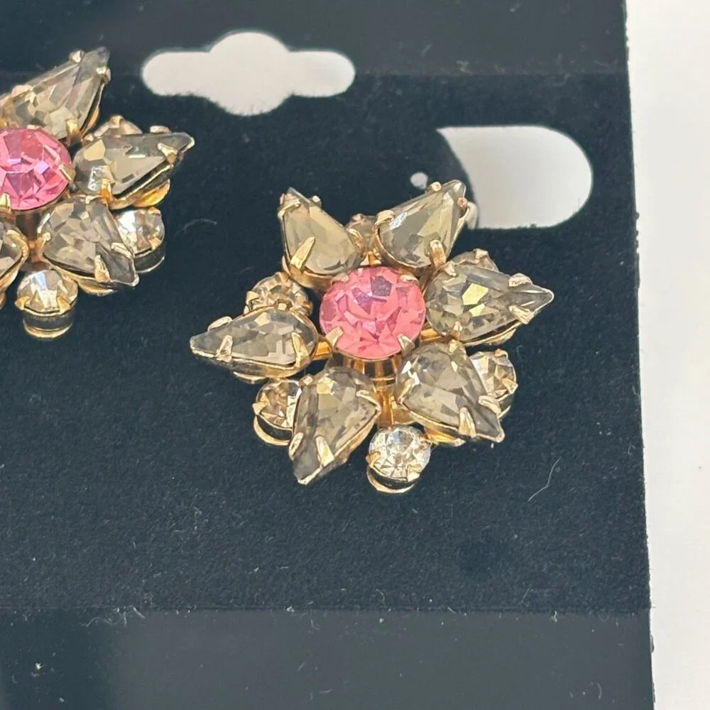 Hattie Carnegie Clip-On Earrings Pink Smoky Grey Rhinestones Jewelry Vintage - Picture 4 of 10